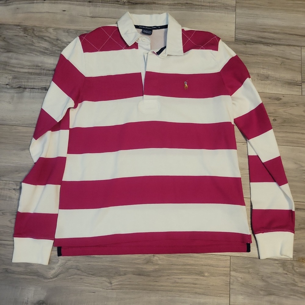 Vintage Polo Ralph Lauren Rugby Shirt Woman's Striped Quilted 90s Rare XL Pony